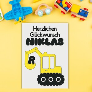 Postkarte "Bagger", Grußkarte, Personalisierbar, Individuell, Kind, Name, Geburtstag, Alter