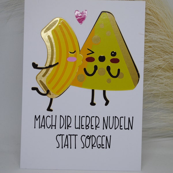 Postkarte "Nudeln statt Sorgen", Grußkarte, Nudeln, keine Sorgen, sorgenfrei