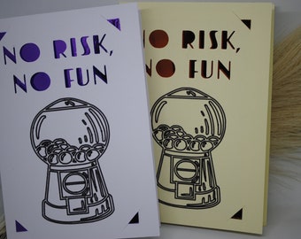 Carte de vœux « Machine à mâcher » | Risque | Amusement | Carte postale | Pas de risque, pas de plaisir | Rétro