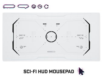 May include: White rectangular mousepad with a sci-fi HUD design. The pad features a central target reticle, labeled sections, and the text "SCI-FI HUD MOUSEPAD". Decorative glitch-style icons are in the upper left.