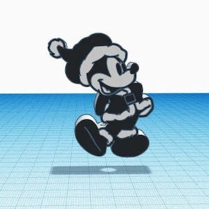 May include: A black and white graphic of a cartoon mouse character wearing a Santa Claus hat and a matching jacket with white fur trim. The character is depicted in a dynamic, mid-air pose with a smiling expression, rendered in a flat, bold style.