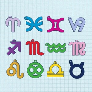 May include: A collection of twelve colorful zodiac sign charms arranged in a grid. Each charm features a small loop at the top for hanging. The symbols include Aries, Pisces, Gemini, Capricorn, Sagittarius, Scorpio, Aquarius, Virgo, Leo, Cancer, Libra, and Taurus in various solid colors like purple, blue, pink, red, green, yellow, and dark blue.