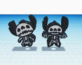 Op de afbeelding: Twee driedimensionale figuren met een personage met grote oren en een skeletontwerp. De figuren zijn zwart met lichtgrijze accenten op de schedel en de ribbenkast. Elk figuur toont een cartoonachtige skeletstructuur in een platte stijl.
