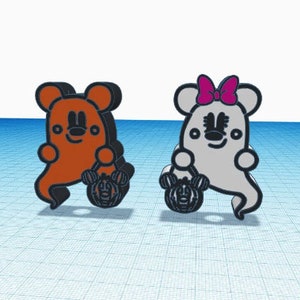 May include: Two 3D-rendered ghost figures with mouse-like ears. The left ghost is brown with a black outline, holding a black pumpkin bucket. The right ghost is white with a black outline and a pink bow, also holding a black pumpkin bucket.