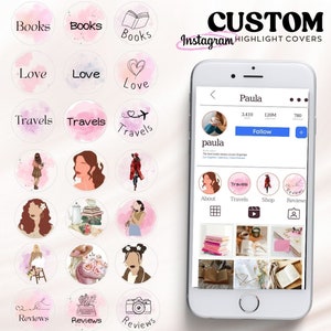 Puede incluir: Un conjunto de 15 portadas de destacados de Instagram con fondos de acuarela y varios iconos. Los iconos incluyen libros, corazones, aviones y una máquina de escribir. El texto "CUSTOM Instagram HIGHLIGHT COVERS" está en la parte superior de la imagen.