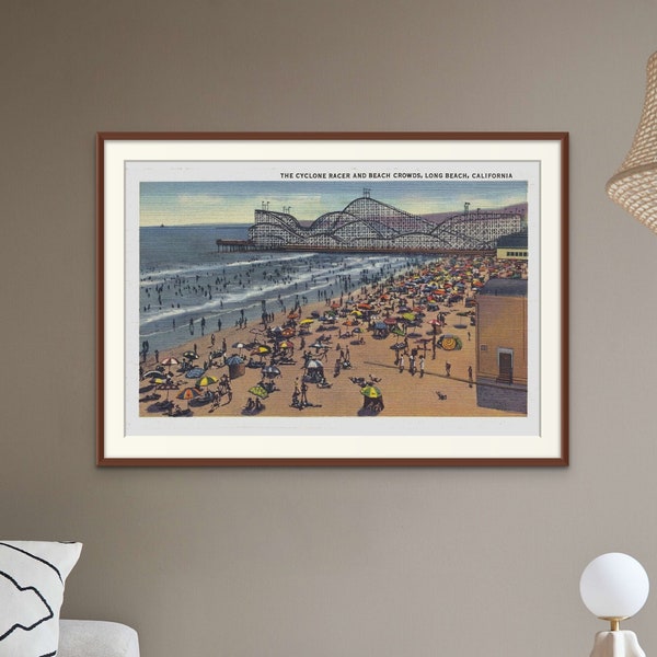 Cyclone Racer Postcard Print, CA Long Beach Crowd Art Poster, California State Long Beach Printable Art, Beachy Amusement Park Wall Art