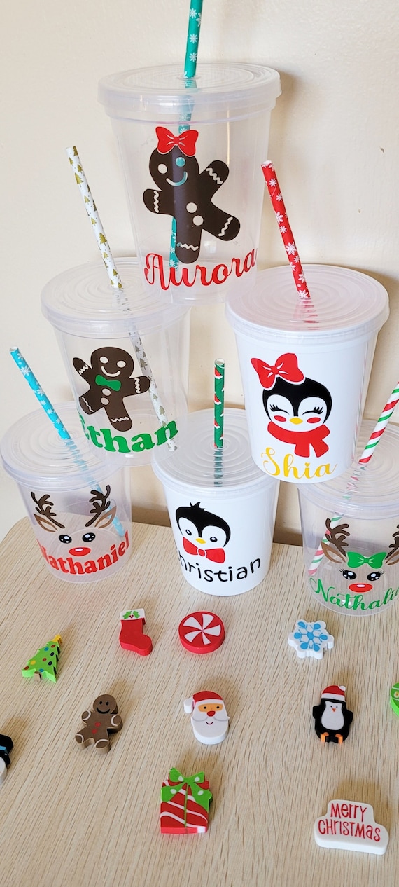 Christmas Cups Lids Straws, Plastic Christmas Cups Lids