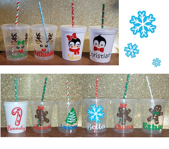 Christmas Cups Lids Straws, Plastic Christmas Cups Lids