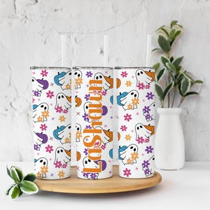 Pink Halloween Ghost Cup with Flowers Personalized Spooky Ghosts Travel Cup Retro Halloween Ghost Tumbler Spooky Tumbler Halloween Cup