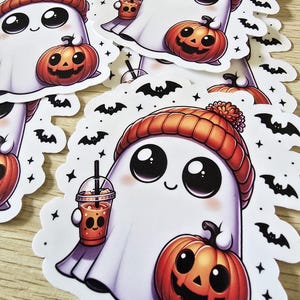 Cute Ghost with Latte and Pumpkin Sticker Halloween Sticker for Kindle Ghost Stickers for Journal Ghost Stickers for Cups Spooky Vibes Decal