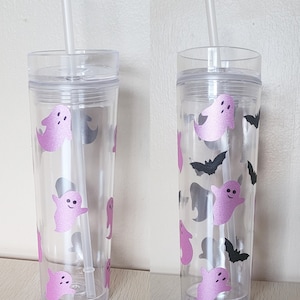 Pink Glitter Ghost Tumbler Halloween Gift Pastel Halloween Cup Pink Halloween Tumbler Cute Ghosts and Bats Tumbler Iced Coffee Glass