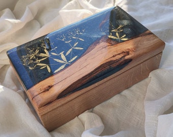Black jewelry box for women and men, Jewelry organizer with Gold plants, Jewelry wooden box, Custom gift box, BOHO Trinket Box