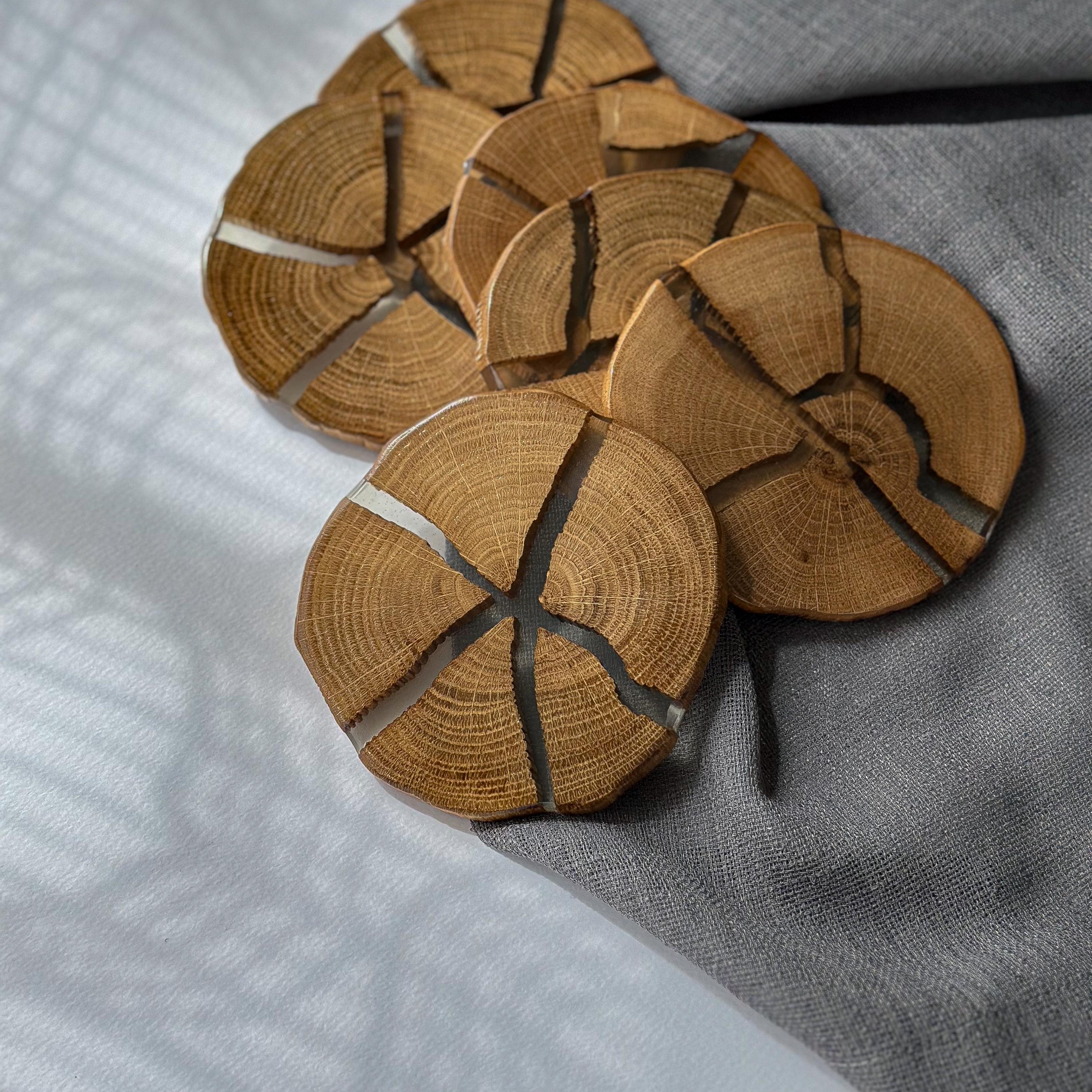Wooden Epoxy Coasters, Coasters Set for Drink, Resin Oak Decor, Round Unique Coaster for Gift, Whiskey Coasters, Housewarming Present