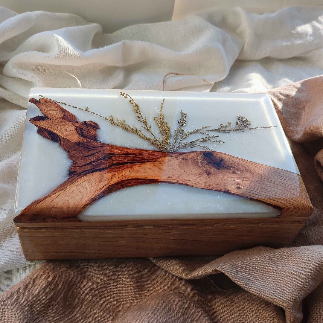 Expoxy Box White Jewerly Box With Golden Fern, Jewelry Storage, Wooden Box for ...