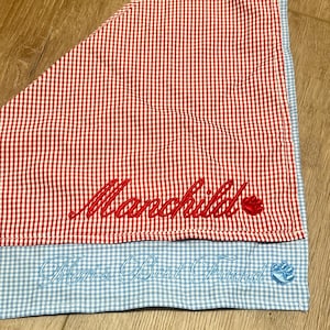 May include: A red and white gingham bandana with the embroidered word "Manchild" in red script. Below, a light blue gingham section features the embroidered phrase "Mom's Best Friend" in light blue script, with a paw print.