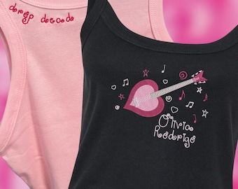 May include: Two tank tops. One is light pink with the embroidered text "dreg decade" in red. The other is black with a pink heart-shaped guitar graphic and the name "Olivia Rodrigo" in white script, along with musical notes and stars.