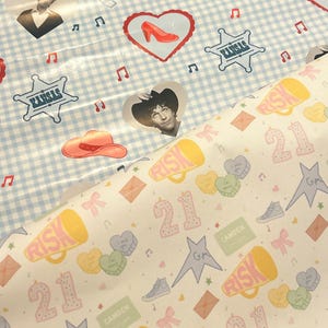 May include: Two rolls of patterned paper. One has a light blue gingham background with cowboy hats, hearts, musical notes, and images of a person. The other has a white background with the number 21, megaphones, and hearts.