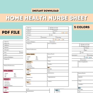 Home Health Nurse Sheet Template ,Home Health Care sheet, Nurse Report Sheet, Home Health Notes, Skilled nurse Visit, Home Visit nurse sheet