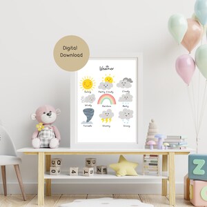 Póster del tiempo, Gráfico meteorológico, Decoración de pared para niños, Impresión educativa, Guardería Montessori, Decoración de educación en el hogar, Descarga digital