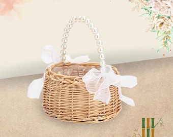 Rattan Petal Basket for Flower Girl. Pearl Handle