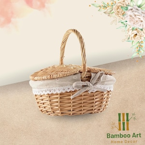Cesta grande de mimbre tejida para picnic con asa, doble tapa, ideal para exteriores y camping.