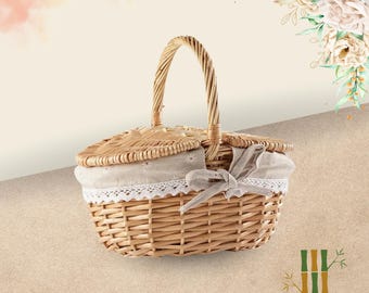 Grande cestino da picnic in vimini intrecciato con manico - Doppio coperchio, per esterni e campeggio
