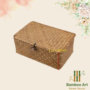 Pu&ograve; includere: Una scatola di stoccaggio rettangolare intrecciata con un coperchio incernierato e un chiavistello marrone. La scatola &egrave; realizzata in materiale intrecciato naturale e misura 8 cm per 20 cm.