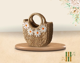Borsa a tracolla in paglia fatta a mano Boho Moon - Borsa da spiaggia intrecciata, borsa a tracolla da viaggio estiva