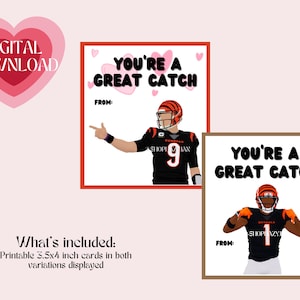 Cincinnati Bengals thema Valentines kaarten Joe Burrow Ja'Marr Chase Instant digitale afdrukbare voor de NFL voetbalfan schattig 3,5 x 4