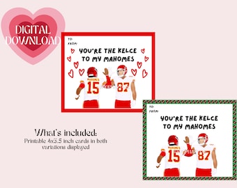 Tarjetas de San Valentín con temática de los Kansas City Chiefs Patrick Mahomes Travis Kelce Imprimibles digitales instantáneas para fanáticos del fútbol americano de la NFL Niños Lindos 4 x 3.5"
