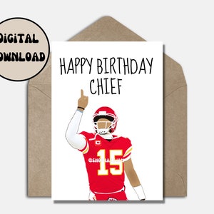 Patrick Mahomes Geburtstagskarte Gruß Kansas City Chiefs Lustige Cartoon druckbare Sofort Download E-card Punny NFL Karte faltbar Größe 13x18cm