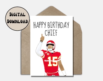 Patrick Mahomes Geburtstagskarte Gruß Kansas City Chiefs Lustige Cartoon Printable Instant Download E-card Punny NFL Karte faltbare Größe 5 x 7 Zoll