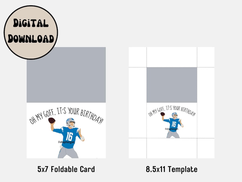 Jared Goff Detroit Lions Birthday Card Greeting Cartoon Printable Instant Download E-card NFL Card Foldable Size 5x7in image 2