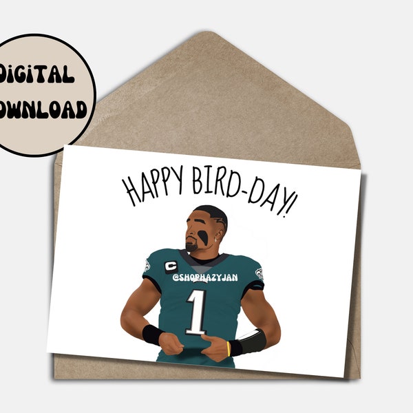 Jalen Hurts Birthday Card Greeting Gift For Philadelphia Eagles Fan Funny Cartoon Printable Instant Download NFL Card Foldable Size 5x7in