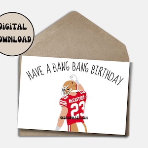 Christian McCaffrey CMC carte d'anniversaire pour fan de San Francisco 49ers dessin animé imprimable téléchargement NFL carte pliable taille 5 x 7 pouces