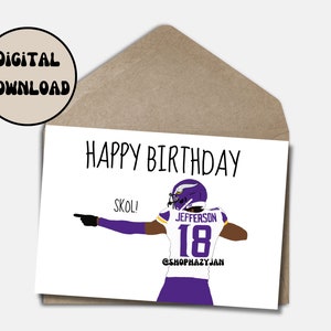 Justin Jefferson Minnesota Vikings SKOL verjaardagskaart groet cartoon afdrukbare Instant Download E-card NFL kaart opvouwbaar formaat 5x7in