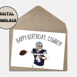 Dak Prescott Dallas Cowboys NFL football anniversaire carte de voeux dessin animé imprimable téléchargement immédiat E-card carte pliable taille 5 x 7 pouces