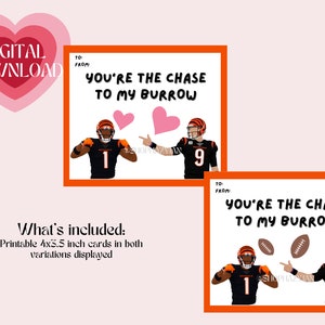 Cincinnati Bengals Themed Valentines Cards Joe Burrow Ja'Marr Chase Instant Digital Printable Für die NFL Football Fan Kids Cute 4x3,5"