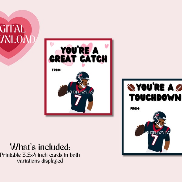 CJ Stroud Houston Texans Instant Printable Digital Funny Cute Valentines Day Cards NFL Football Print and Cut for Kids 3.5x4