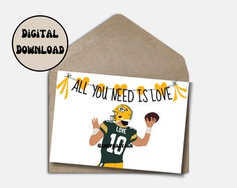 Tarjeta de felicitación de aniversario de San Valentín de Jordan Love Green Bay Packers, imprimible, descarga instantánea, tarjeta electrónica de la NFL, tamaño plegable, 5 x 7 pulgadas
