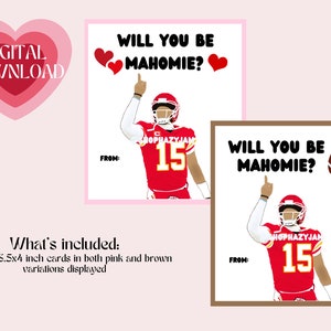 Patrick Mahomes Kansas City Chiefs Instant Printable Digital Funny Cute Valentines Day Cards Will You Be Mahomie NFL Football 3.5x4