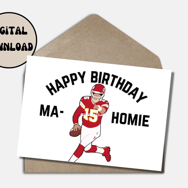 Patrick Mahomes Birthday Card Greeting Kansas City Chiefs Funny Cartoon Printable Instant Download E-card Punny NFL Card Foldable Size 5x7in