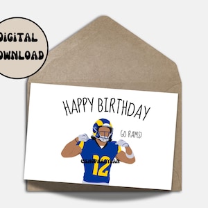 Puede incluir: Tarjeta de cumpleaños de descarga digital con un jugador de fútbol americano con uniforme azul y amarillo con el número 12. La tarjeta dice "Happy Birthday" y "Go Rams!"