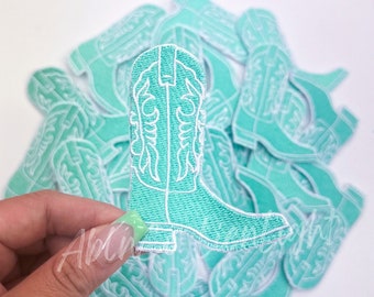 Turquoise Cowboy Boot Patch: Chenille Rodeo Iron-On Patch