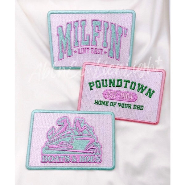 trucker hat patches, preppy patch, embroidery patch, iron on patch, mama patch, funny patch, milfin aint easy, poundtown, boats & hoes patch