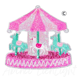 May include: A pink and white carousel patch with three horses in teal and white. The carousel has a pink and white striped roof and is embellished with sequins. The base of the carousel is pink with a white zigzag pattern.
