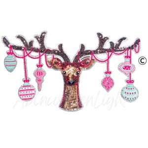 May include: A sequined reindeer head with antlers decorated with pink garland and hanging Christmas ornaments in shades of pink, teal, and white. The ornaments have various patterns and the word "JOY" on one.