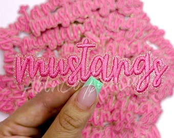 Pink Mustangs Chenille Patch: Iron On Team Mascot Patch