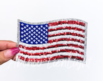 American Flag Sequin Patch: Iron-On USA Patriotic Applique (4 inch)
