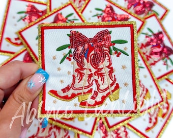 Sequin Cowboy Boot Patch: Christmas Bow Iron-On Applique